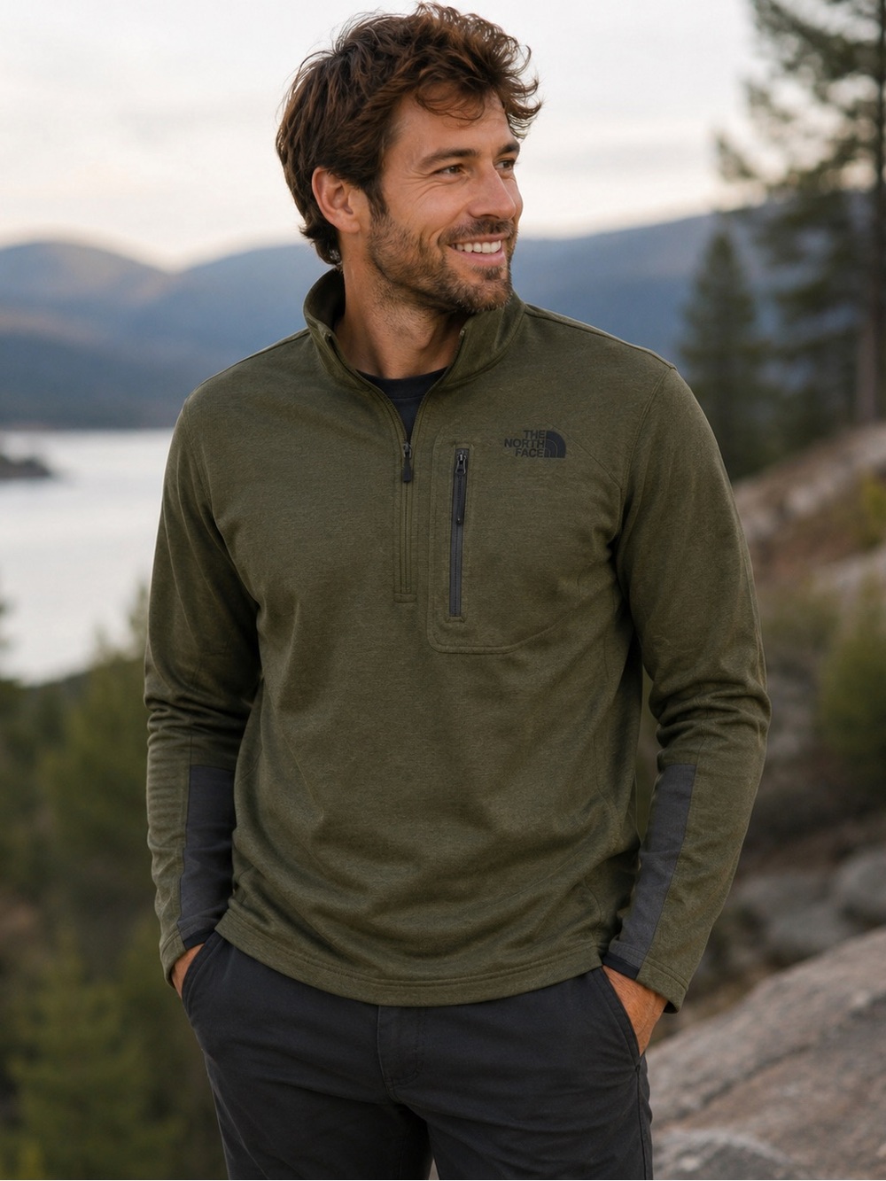 North Face Olive Green Pullover Jacket Size Large Quarter Zip Outdoor Hiking
